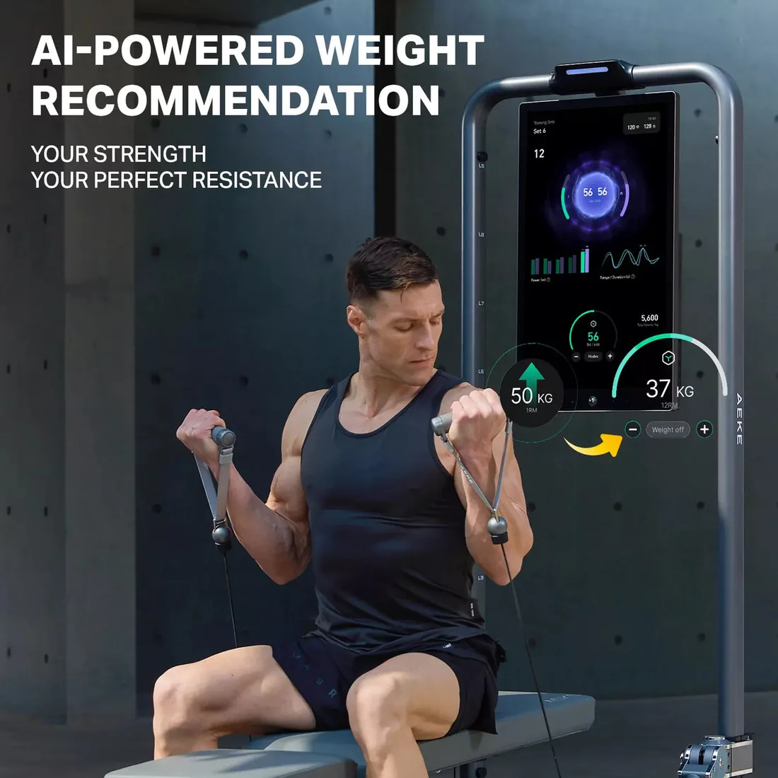 The AEKE S1 Pro screen recommending a working weight, with a person performing a seated press