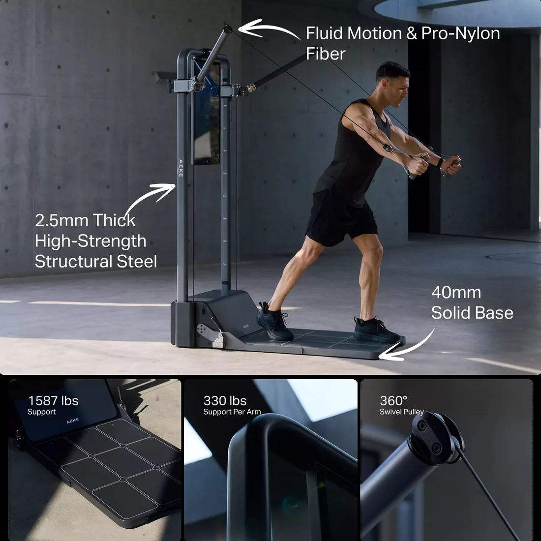 Construction detail of the AEKE S1 Pro: 2.5mm structural steel, 40mm solid base, 1587 lb footboard support, 330 lb per arm and 360 degree swivel pulleys