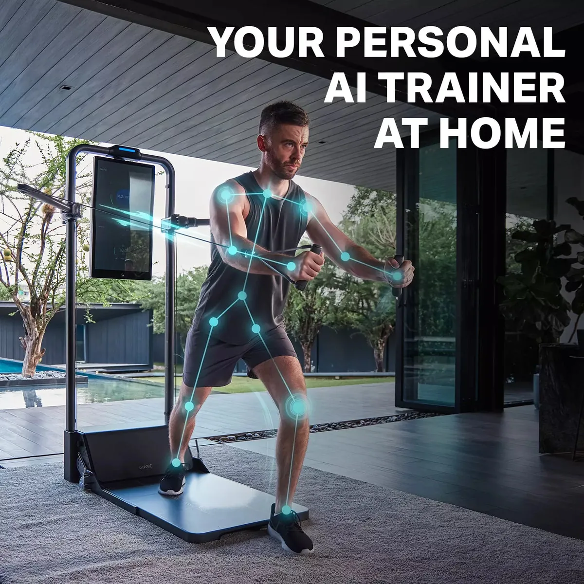 A person training on the AEKE S1 Pro smart home gym with on-screen AI body tracking overlaid